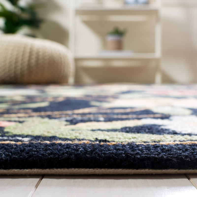 Hollander Floral Handmade Looped/Hooked Wool Black Area Rug, Oval 4'6" X 6'6" 