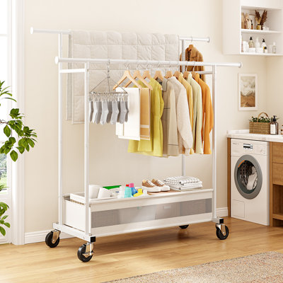 Portant à vêtements sur roulettes double autoportant 47 "avec panier de rangement et roulettes