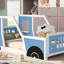 Lit plateforme simple en forme de voiture avec roues, bleu
