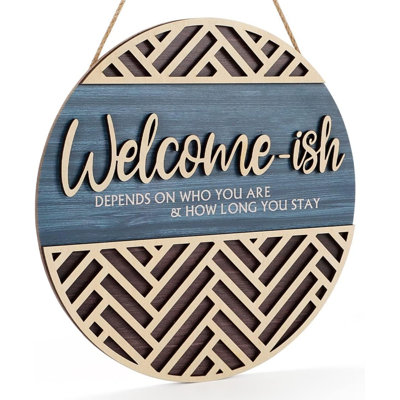 Plaque décorative murale 3D « Bienvenue » pour porte d'entrée, avec support en bois humoristique (30 x 30 cm), style rustique et minimaliste.