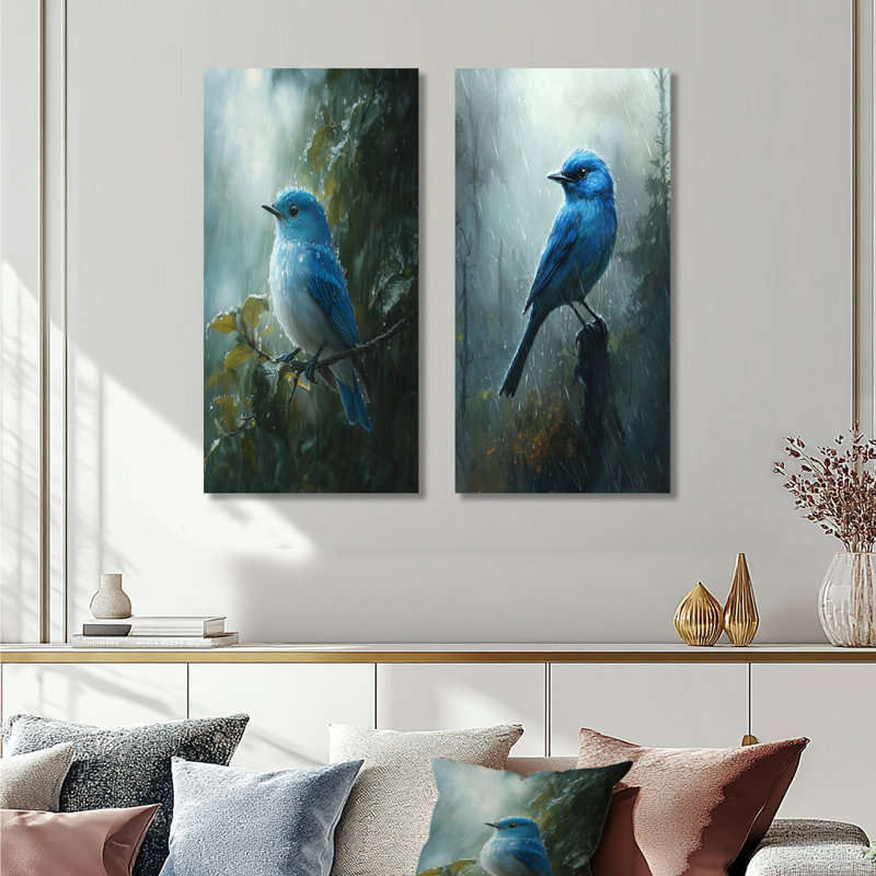 «Bluebird In The Forest Rain I», collection d'art mural 2 panneaux animaux, H 28 po x l 25 po, Toile tendue