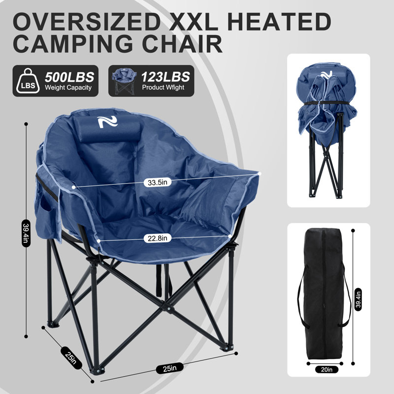 Oversized Portable Heated Camping Chair With Pillow, Heated Foldable Chair Seat Supports 500 Lbs, Blue