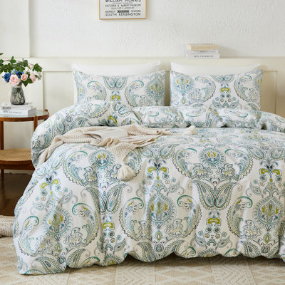 Housse de couette 100% coton à motif floral très grand - Cachemire vert 3 pièces, ensembles de housse de couette doux et respirants avec fermeture à glissière et attaches de coin, ensembles de housse de couette rétro