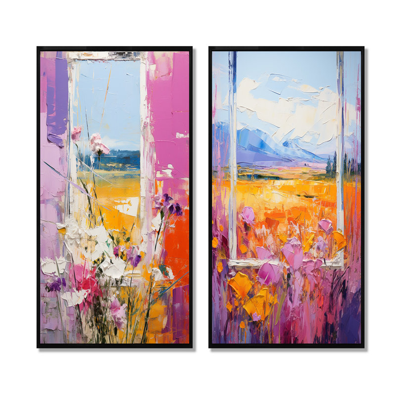 Ensemble de 2 décorations murales roses et jaunes à motif floral Windows Breeze I, Cadre flottant noir, H 40 po x l 41 po