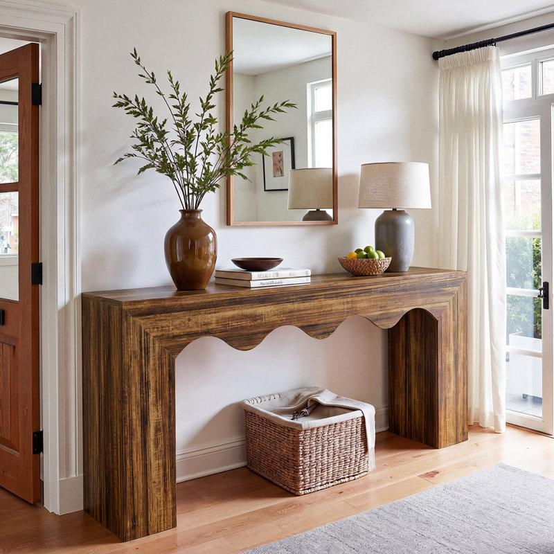 160 cm Console Table with Wavy Design, Dark Brown