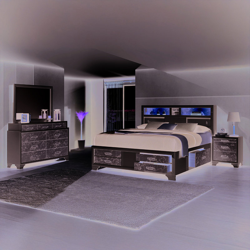Lit double contemporain avec finition en bois blanc, détails en marbre, tiroirs de rangement et installation de luxe Tech - Panneaux de luxe, éclairage intégré