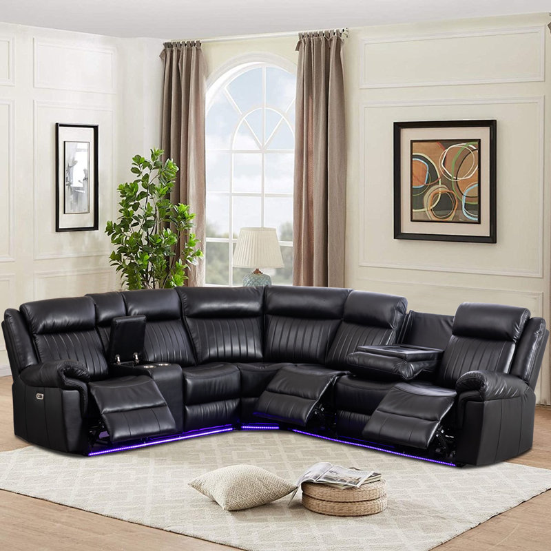 3 - Piece Vegan Leather Reclining Sectional With Foldable Charging Station & Led Lights, Black Faux Leather