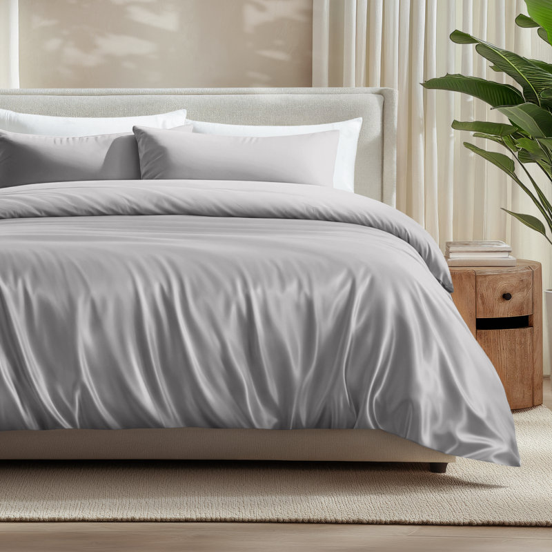 Ensemble de couette en rayonne de bambou, Gris clair, Housse de couette simple + 1 taie décorative stan