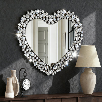 Crystal Flat Wall Mirror Heart Shape Decor Mirror 78x68CM