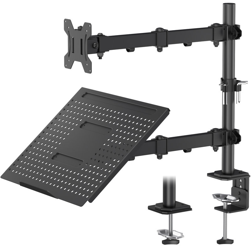 Monitor Arm Desk Mount with 16" Laptop Tray, Fits 13–32" Screens, Full-Motion Height Adjustable, VESA 75/100mm, C-Clamp & Grommet Base, Cable Management