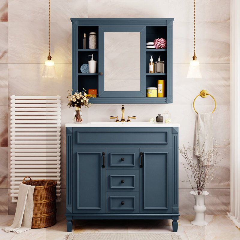 Meuble-lavabo 36 po avec résine, tiroir, porte et armoire de salle de bain, Bleu, Noir