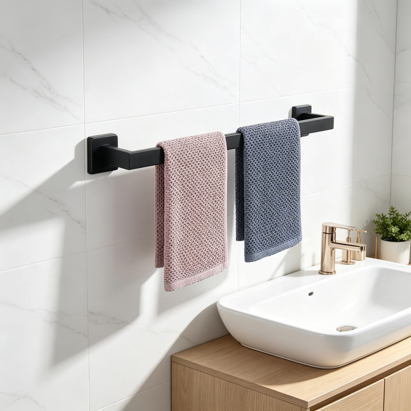 Premium Stainless Steel Towel Bar for Bathroom - Heavy Duty Wall Mounted Shower Towel Rack with Rust-Proof Matte Black Finish - Easy Installation