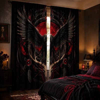 2Pcs Gothic Raven Moon Curtains, Dark Fantasy Bird Skull Antlers Wall Decor Window Drapes For Living Room Bedroom Kitchen Patio and accessories, home, art, unique,
