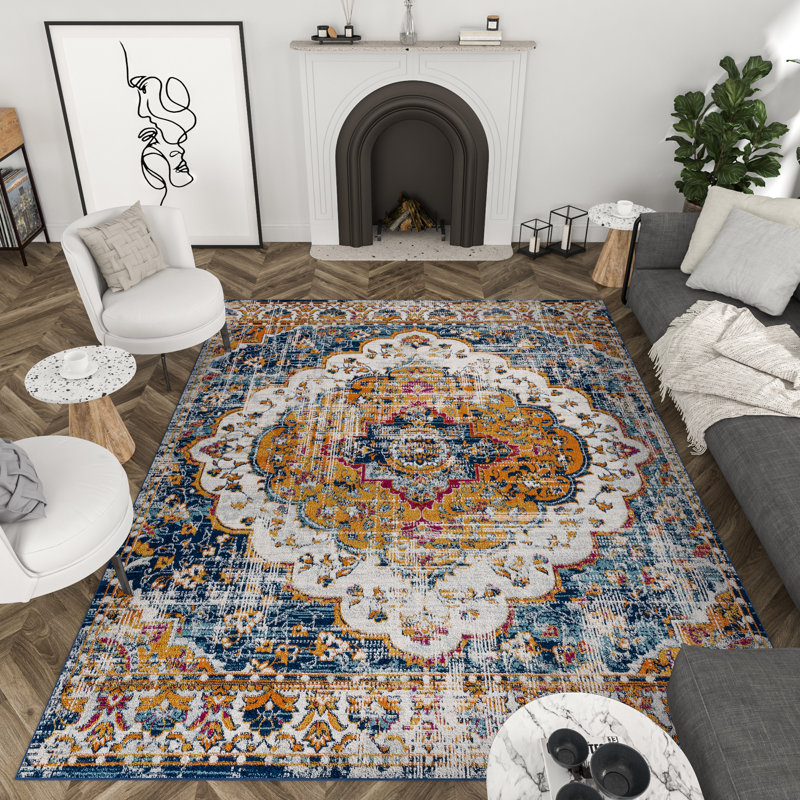 Tapis bleu / doré Teshawna Esmay Performance, Rectangle 8 pi 9 po x 12 pi 2 po