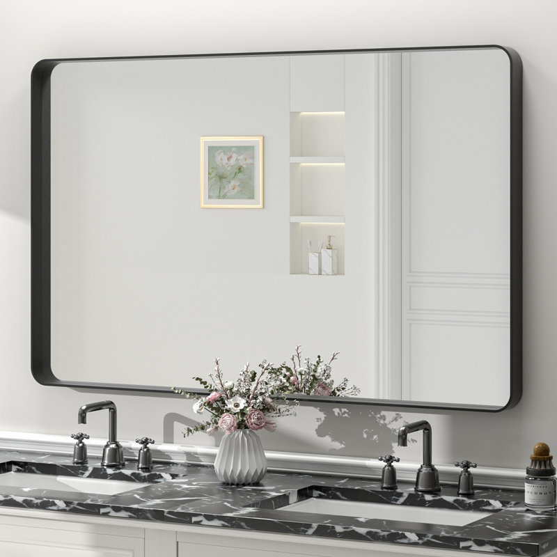 Miroir de salle de bain mural en verre trempé et métal Molly, 48 po x 30 po, Noir, Rectangle(Rounded Corner)