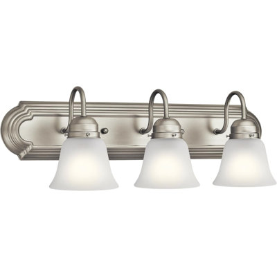Luminaire de salle de bain pour coiffeuse 3 lumières 24 pouces, matériau nickel brossé, lumière de salle de bain moderne, avec verre gravé satiné transparent (24 pouces de large x 8 pouces de haut)