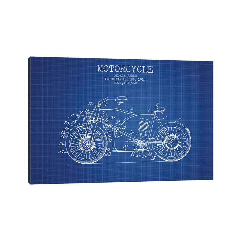George Pamer Motorcycle Patent Sketch (Blue Grid) by Aged Pixel - Wrapped Canvas Gallery-Wrapped Canvas Giclée