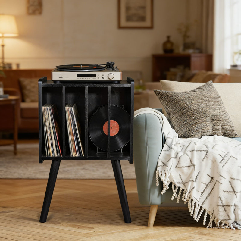 Support pour tourne-disque en bois massif avec armoires de rangement, pouvant contenir jusqu'à 100 disques vinyles, table de rangement polyvalente avec support en métal et cloison amovible, design moderne Mid-Century
