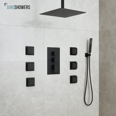 Juno Commercial Matte Black Wall Mounted Square LED Shower Set With Six Body Jets