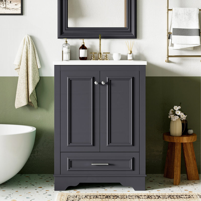 Meuble-lavabo 24 po avec lavabo en céramique, armoire de rangement autoportante moderne avec poignées argentées, portes à fermeture douce
