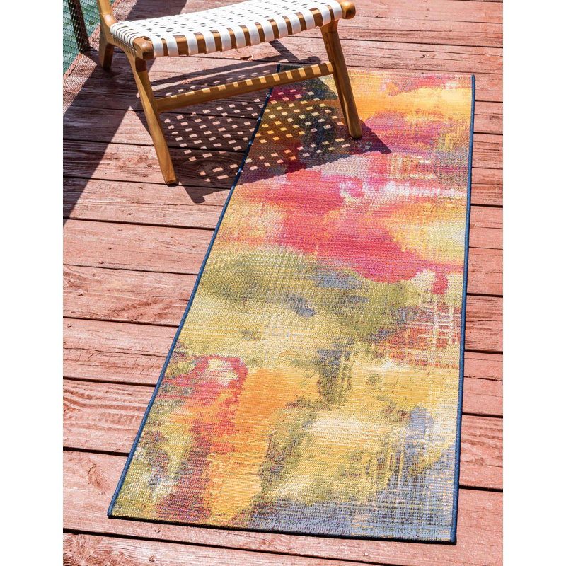 Tapis d'intérieur / extérieur vert / bleu à motif abstrait Trona, Tapis de couloir 2 pi x 6 pi 1 po