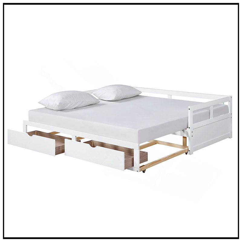Lit de jour en bois robuste avec lit gigogne et rangement, extensible pour une utilisation polyvalente, Blanc