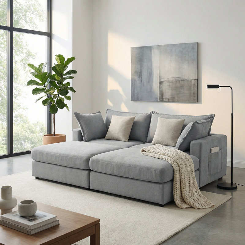 83" Down Filled Modular Sectional Sofa With 2 Storage Ottoman For Living Room, Light Grey, Light Gray