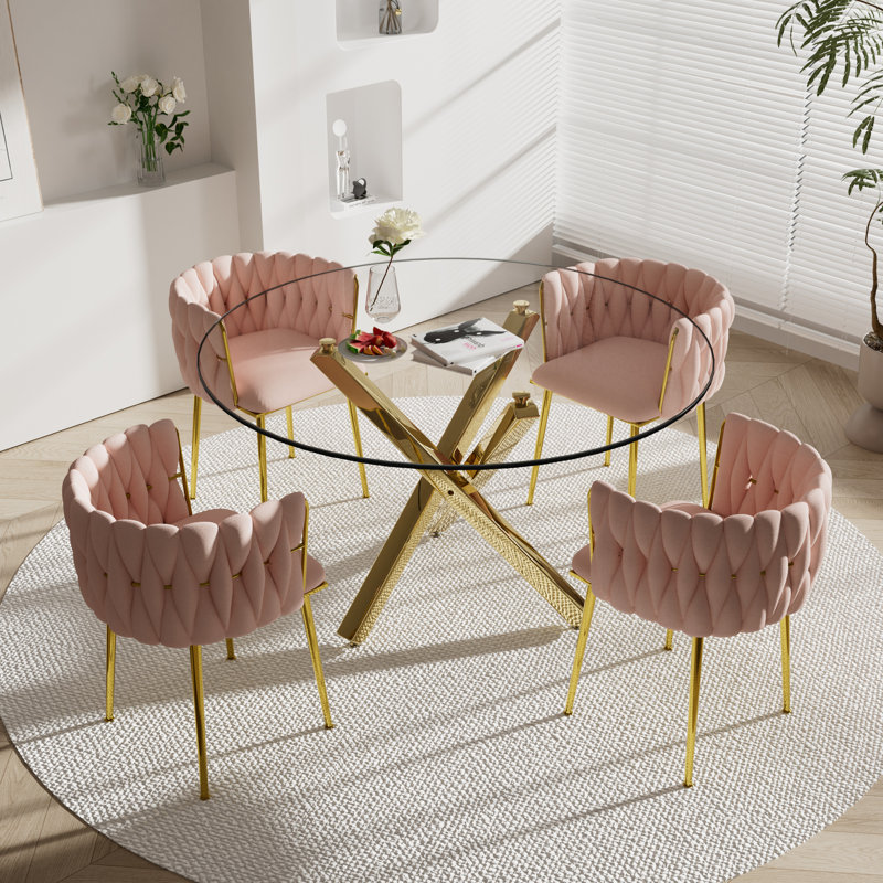 Ensemble de salle à manger Ayron, table de salle à manger avec pieds croisés et chaise de salle à manger en velours, Rose