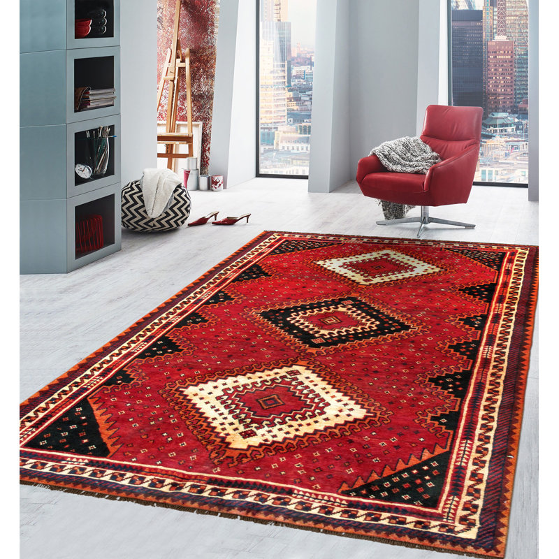 Tapis oriental en laine noué à la main rouge / noir / beige Shiraz