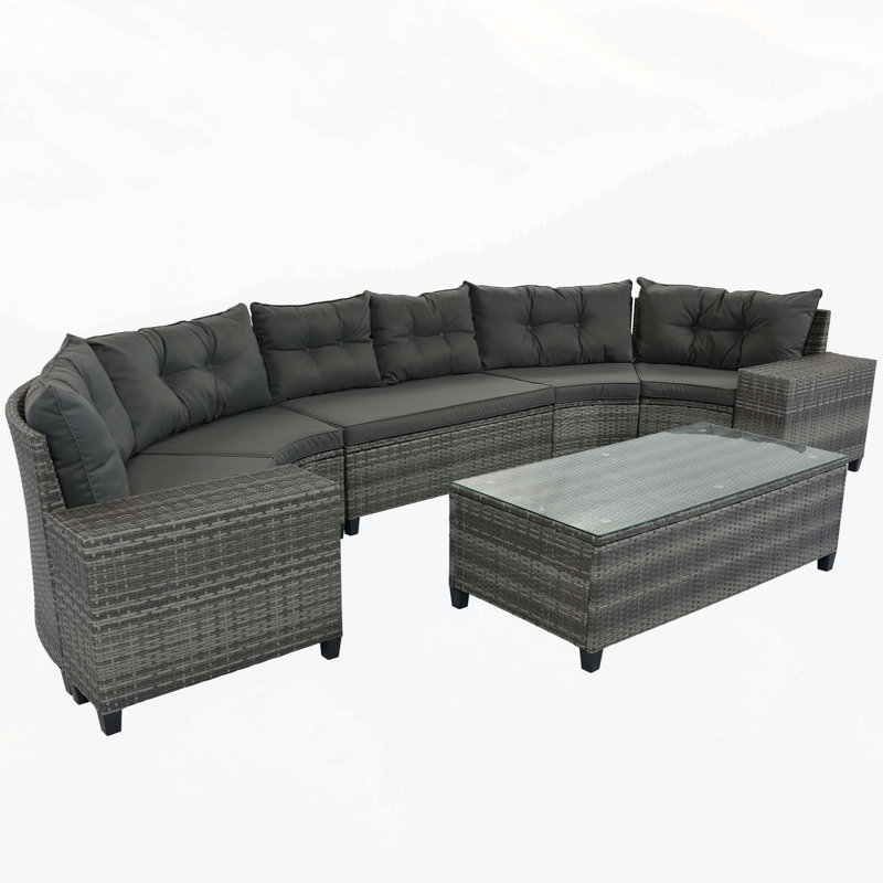 8-pieces Outdoor Wicker Round Sofa Set, Half-Moon Sectional Sets All Weather, Curved Sofa Set With Rectangular Coffee Table, PE Rattan Water-resistant and UV Protected, Movable Cushion