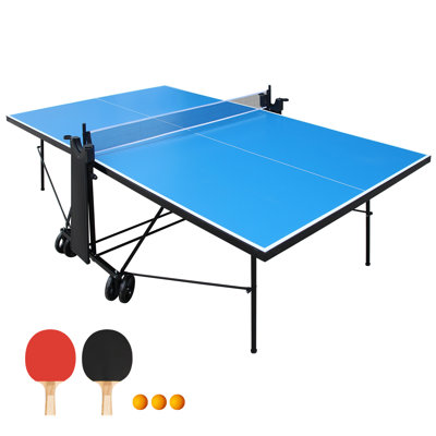 Table de tennis de table pliable d'extérieur / d'intérieur avec roues, ensemble de table de ping-pong mobile résistant aux intempéries avec filet, 2 raquettes et 3 balles, table de ping-pong imperméable de taille réglementaire