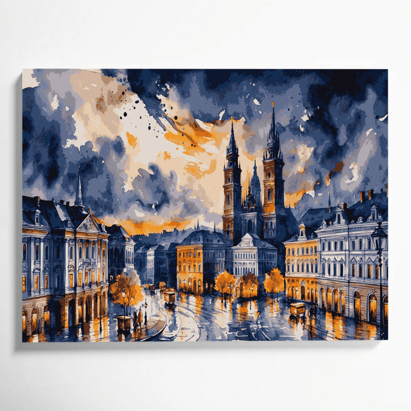Art mural gris sur toile avec cités, Vienna, H 12 po x l 18 po