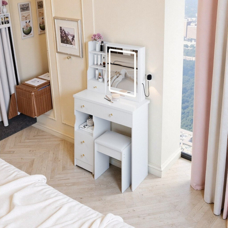 29 Inch Compact Vanity Desk with LED Mirror, Space-Saving Dressing Table & Stool Set, White