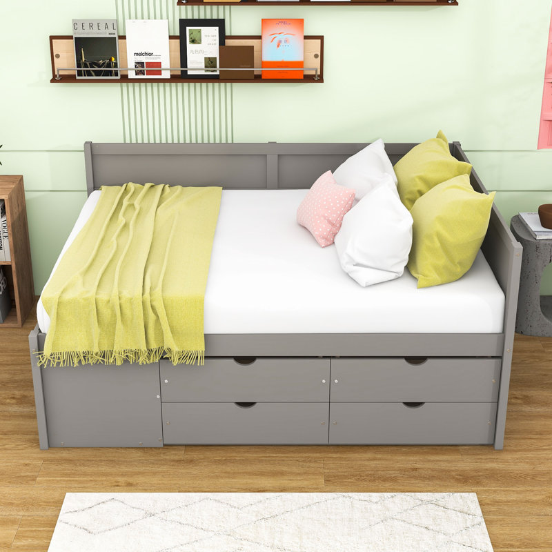 Lit de jour multifonctionnel en bois avec tiroirs et tablettes fonctionnelles, Gris, Lit double