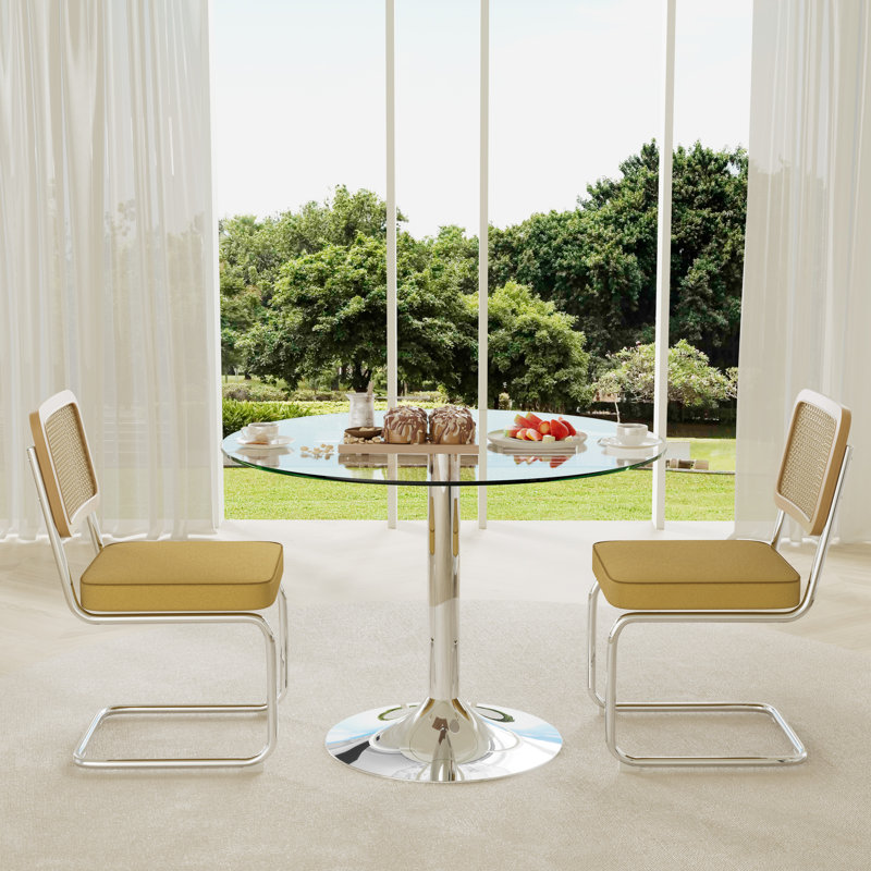 3-Piece Round Glass Dining Table Set, Yellow, 29.5" H x 39.7" L x 39.7" W