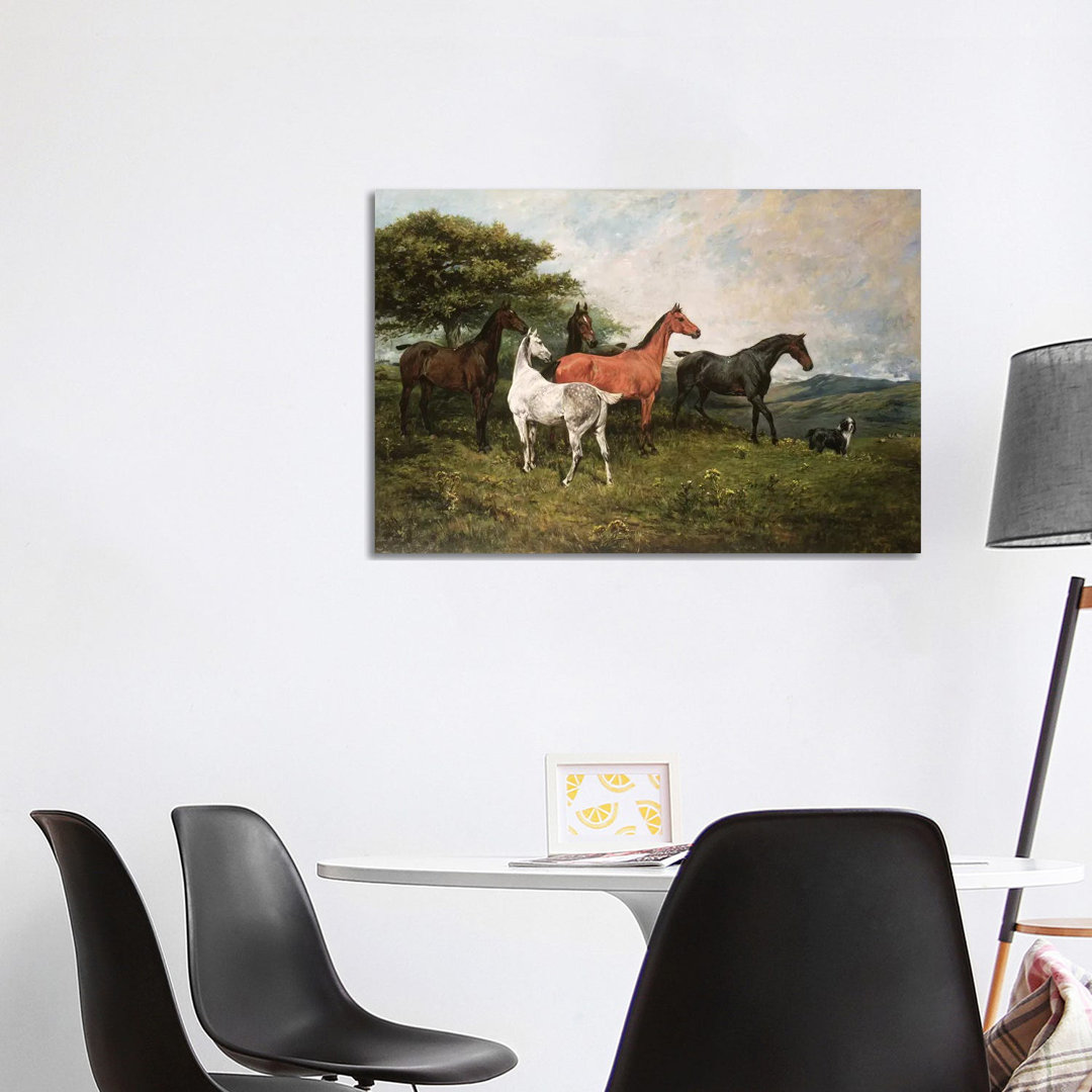 Mares And Foal With A Sheepdog by John Emms - Wrapped Canvas Painting