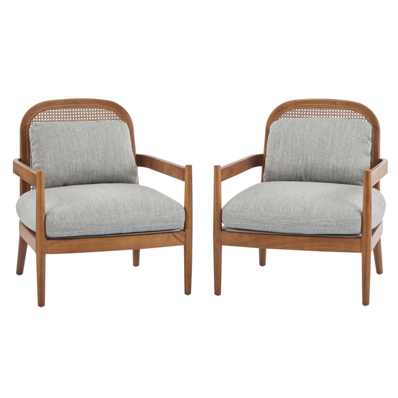 Ensemble de 2 chaises d'appoint Mid-Century modernes avec structure en bois massif, dossier en rotin et coussin vert-gris pour des sièges confortables dans le salon ou la chambre à coucher