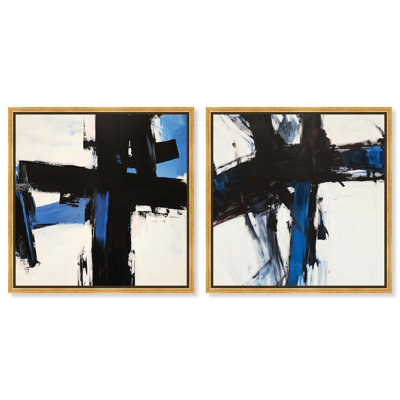 Blue Streak Duo Canvas Print Blue Livingroom Art Set by Art Remedy, Black Frame, 12 x 12