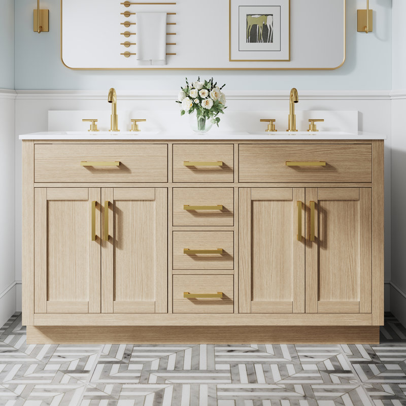 60" W x 35" H Freestanding Bathroom Solid Wood Vanity With White Cultured Marble Countertop And Ceramic Double Sink,Oak, Oak