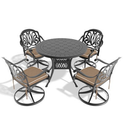 Outdoor 5 Cast Aluminium Dining - 39.37" Round Table, 4 Swivel Chairs, Black Chairs And