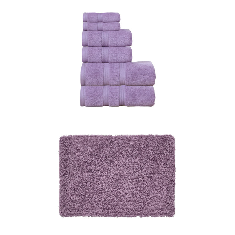 Bruno Collection 100% Soft Cotton Towel Set & 17x24" Bath Rug, 7 Piece Towel Set, Purple