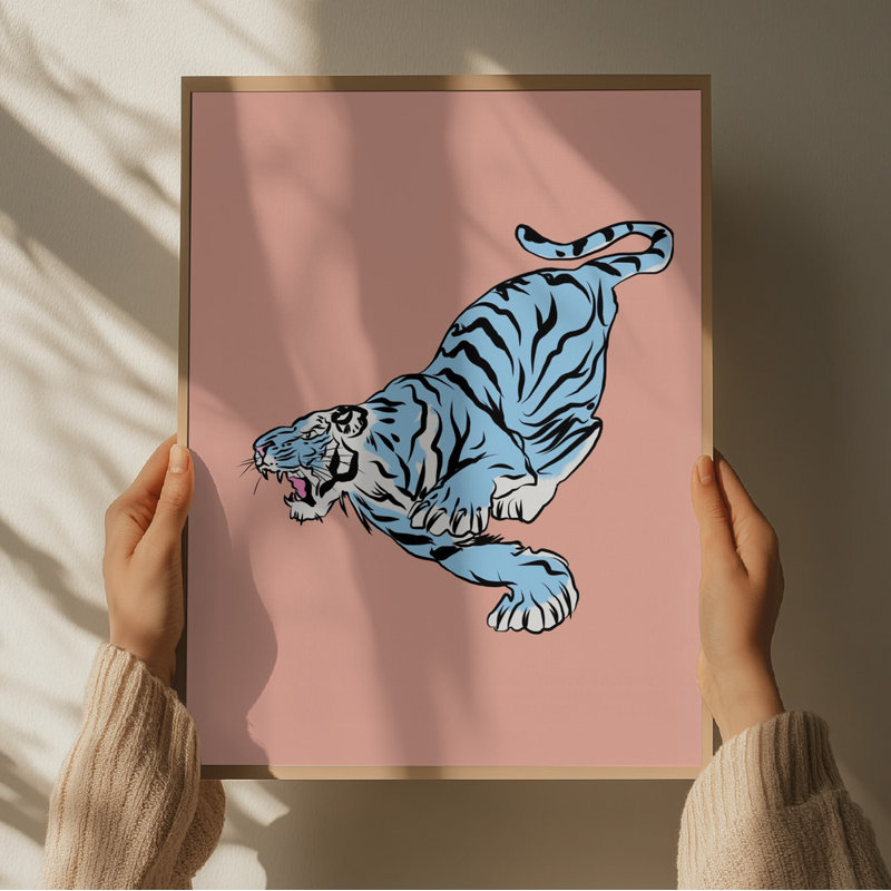 Blue Tiger Leaping Against A Soft Background, 76.2 cm H x 50.8 cm W