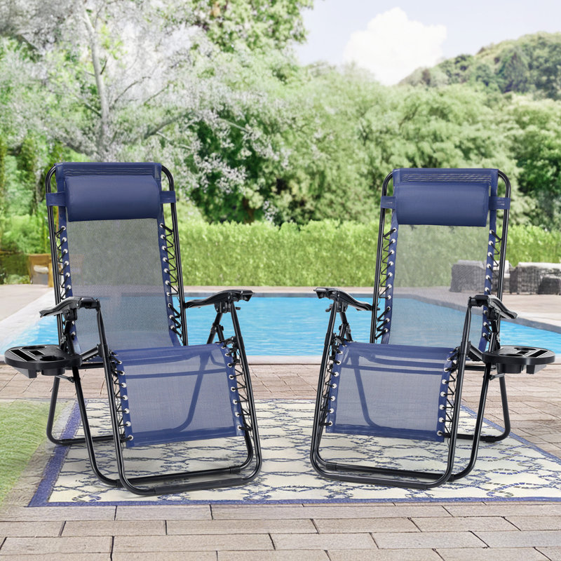 Set of 2 Outdoor Zero Gravity Chaise Lounge Chairs, Folding, Reclining Patio Seats with Cup Holder & Headrest, Blue