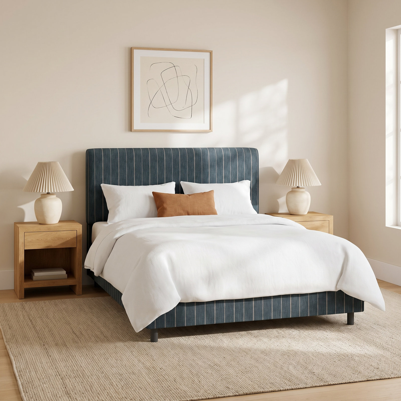 Eisley Cotton Upholstered Bed, Queen, Fritz Indigo Stripe