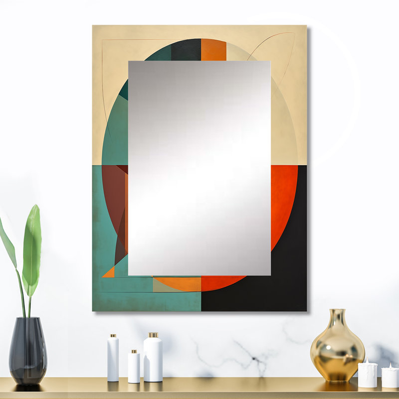 Odyssey Midcentury Retro Abstract Geometrics I - Midcentury Modern Mirror, Beige Unique Wall Mirror, Printed Metal Art
