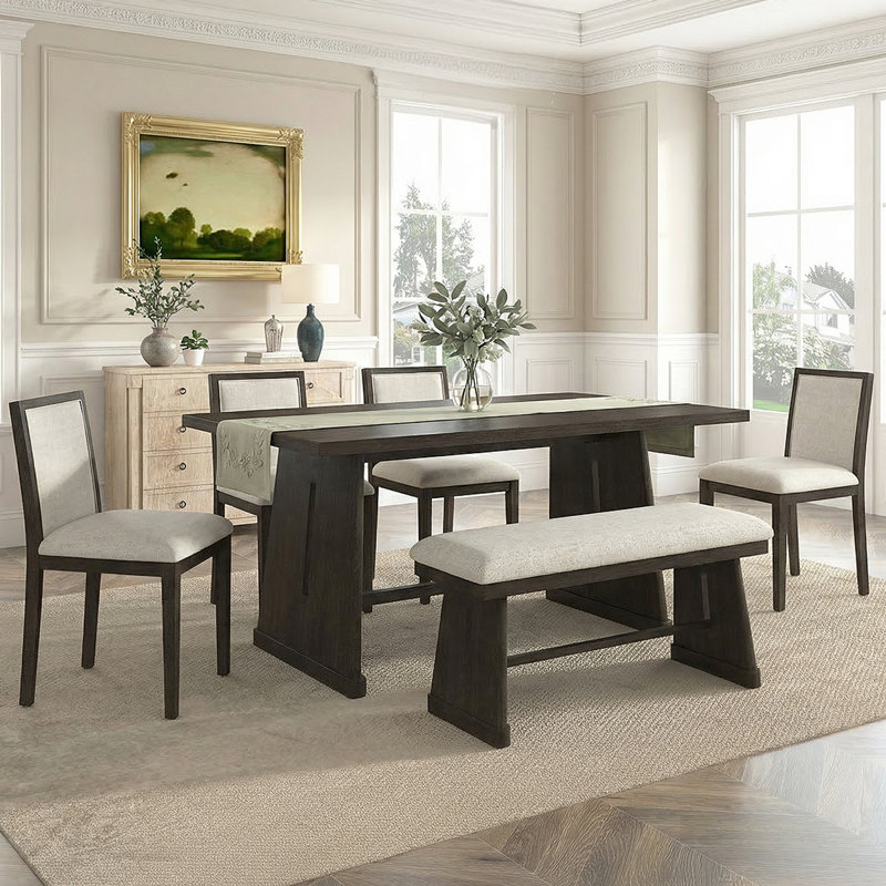 6-Piece Dining Room Set - Upholstered Chairs & Padded Bench For Comfort, Brown