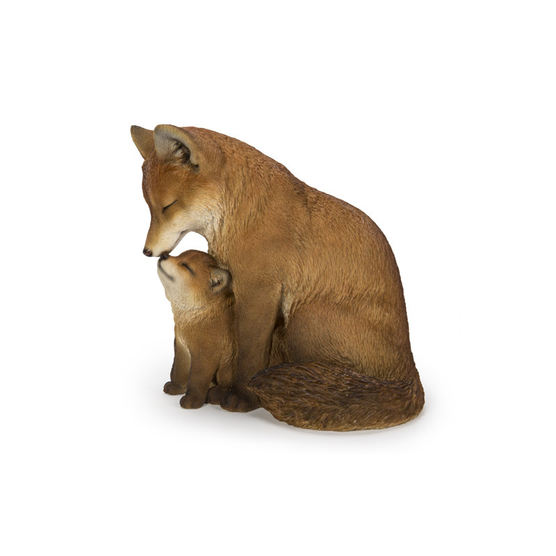 Hand Painted Brown Polyresin Mother and Baby Fox Garden Statue