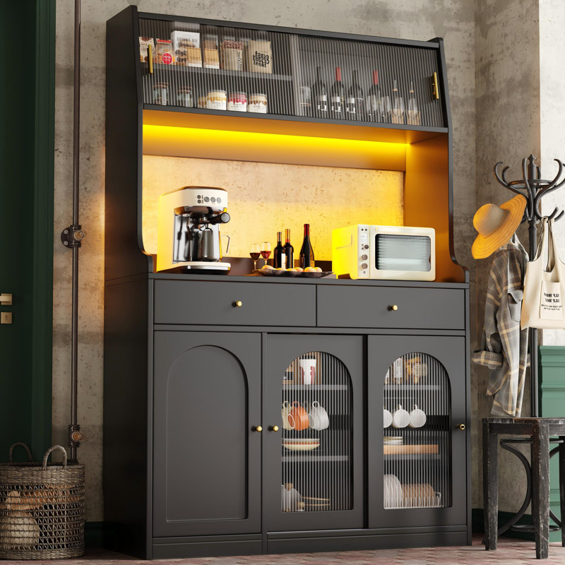 Kitchen Cabinet With Led, 5 Doors And 2 Drawers Black