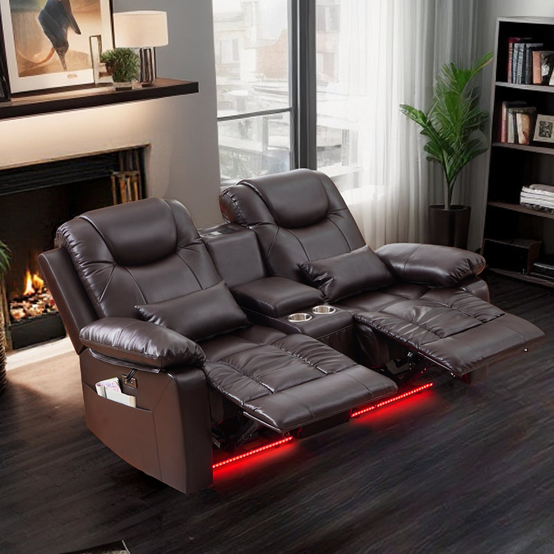 Power Reclining Loveseat Sofa Couch With Power Outlets & Colorful LED Lights For Living Room, Brown