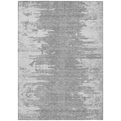 Tapis extérieur lavable abstrait gris argenté et ivoire 5 pi x 8 pi